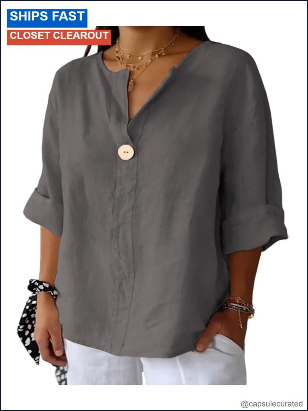 Plus Size Linen 3/4 Sleeve V-Neck Blouse Tunic Top